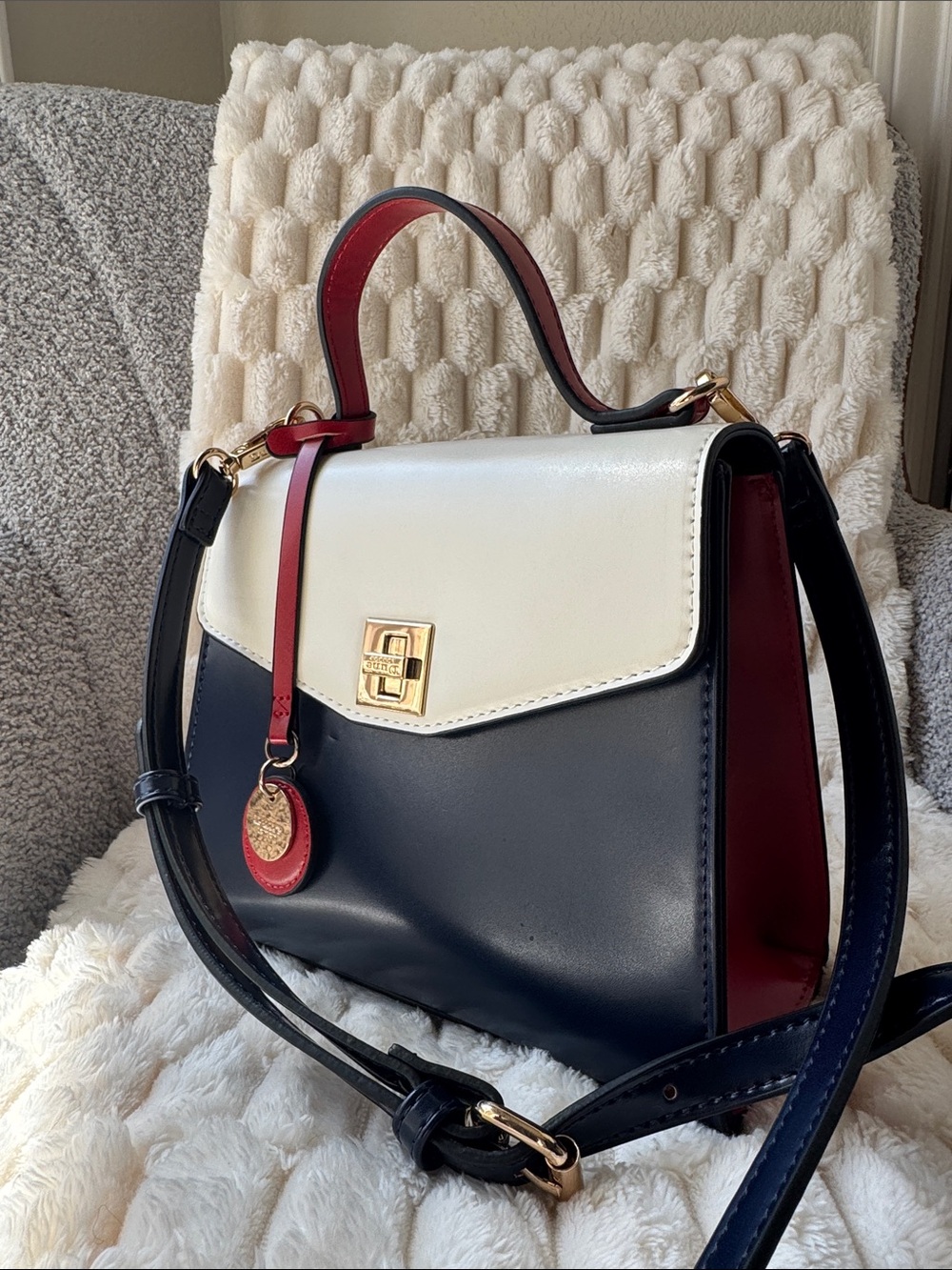Dune London Tricolor Top-Handle Satchel - Navy, White & Red.